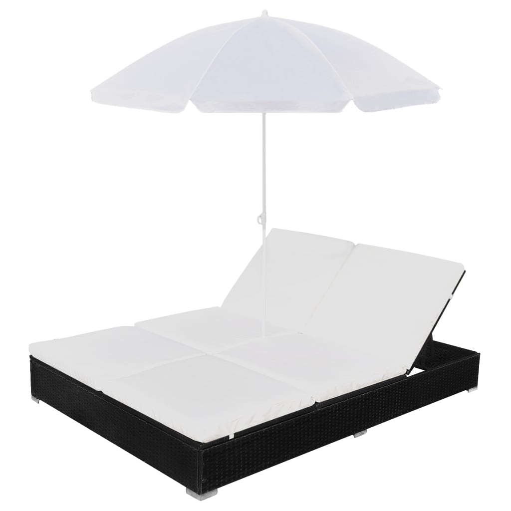 Lit lounge d'extérieur avec parasol poly rotin noir