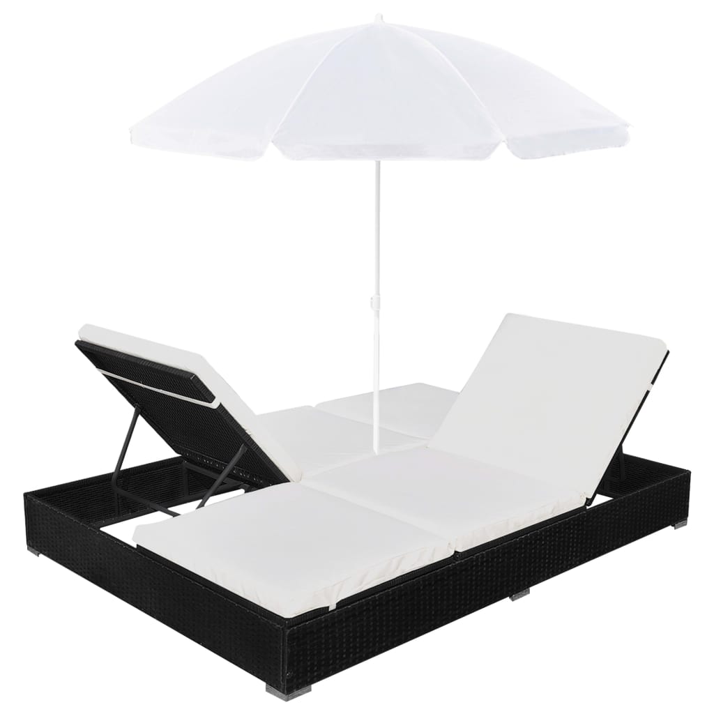 Lit lounge d'extérieur avec parasol poly rotin noir