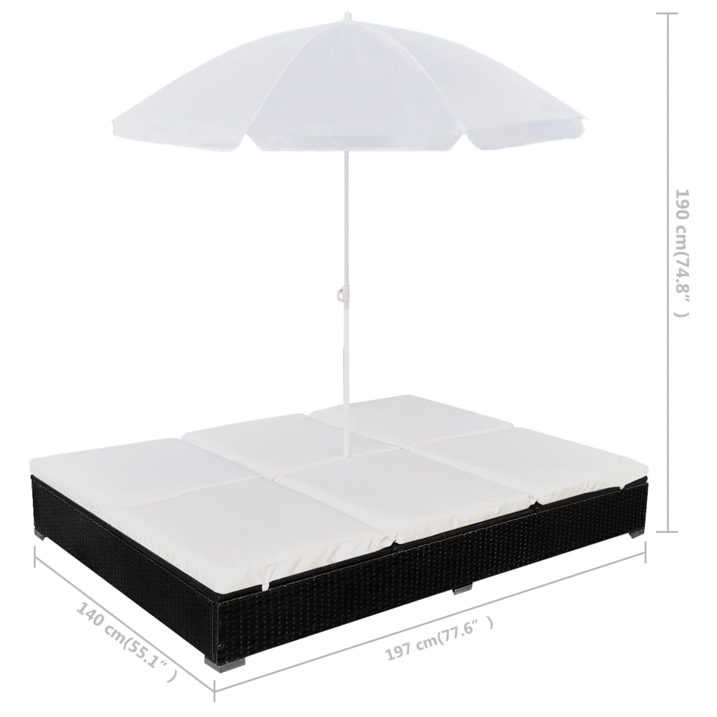 Lit lounge d'extérieur avec parasol poly rotin noir