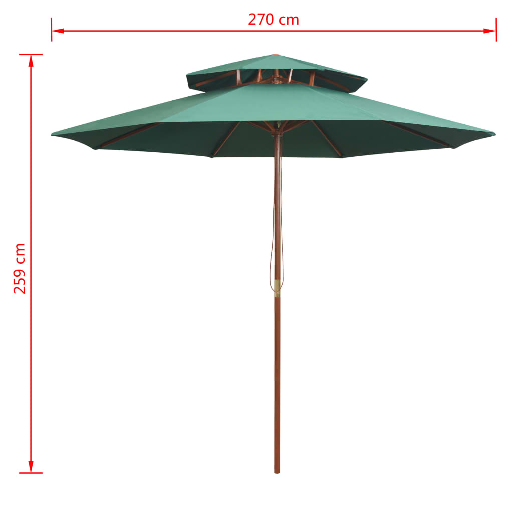 Parasol double pont 270×270 cm mât en bois vert