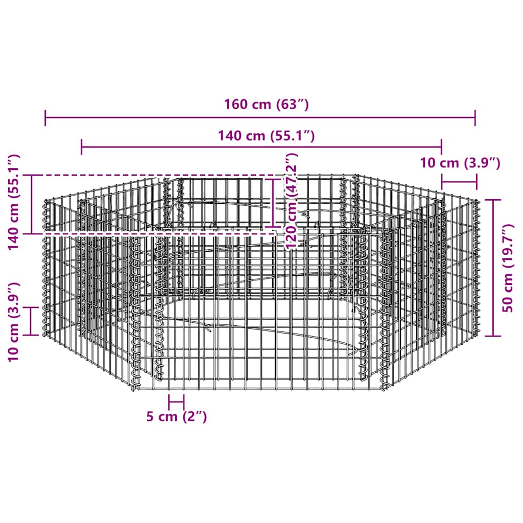 Sechseckiges Gabionen-Hochbeet 160×140×50 cm