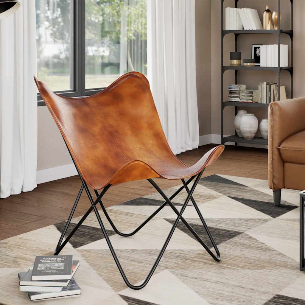 Chaise papillon en cuir véritable marron
