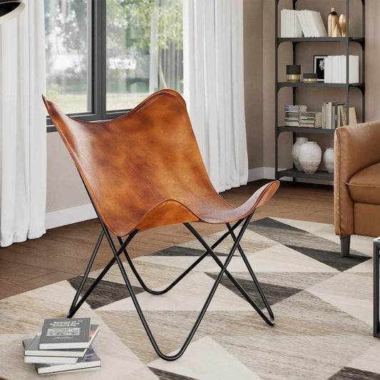 Chaise papillon en cuir véritable marron