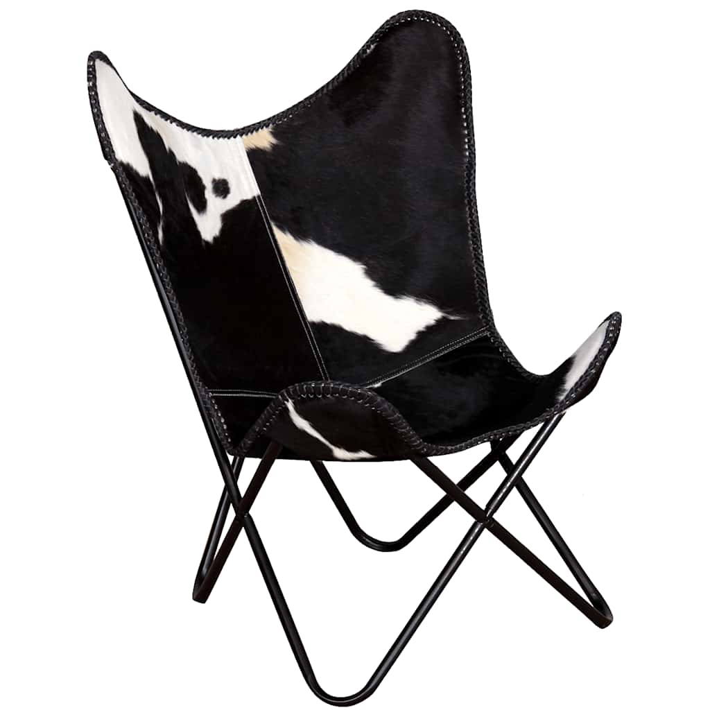 Butterfly-Sessel Schwarz und Weiß Echtes Kuhfell
