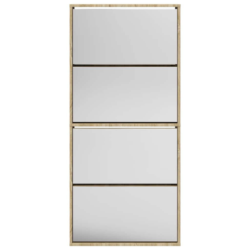 Schuhschrank mit 4 Fächern Spiegel Eiche 63×17×134 cm