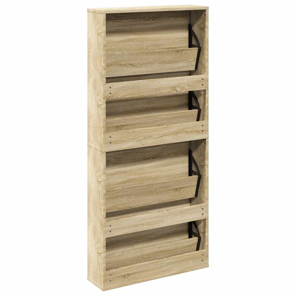 Schuhschrank mit 4 Fächern Spiegel Eiche 63×17×134 cm