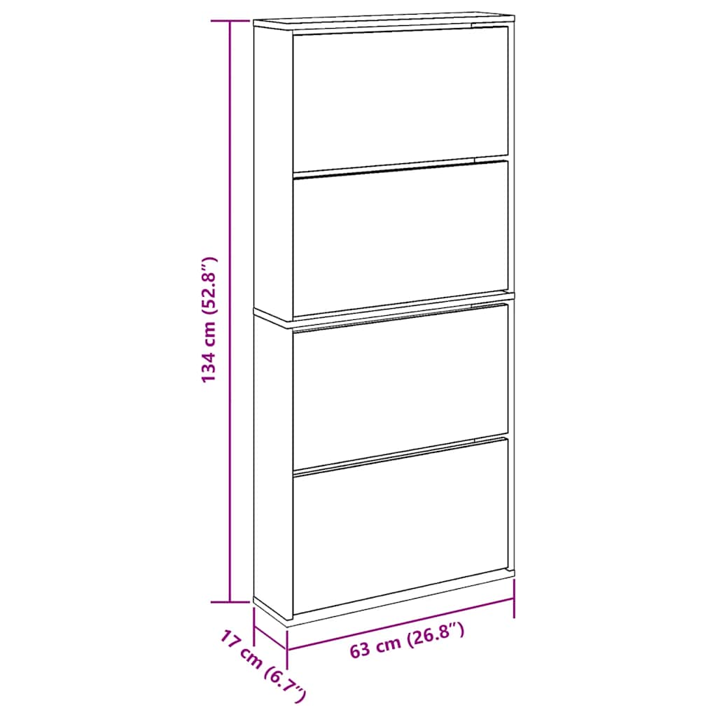 Schuhschrank mit 4 Fächern Spiegel Eiche 63×17×134 cm