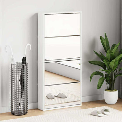 Schuhschrank mit 4 Fächern Spiegel Weiß 63×17×134 cm
