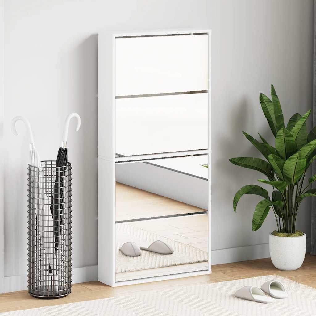 Schuhschrank mit 4 Fächern Spiegel Weiß 63×17×134 cm