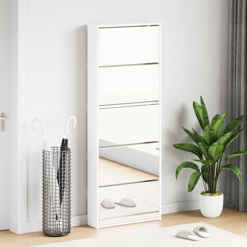Schuhschrank mit 5 Fächern Spiegel Weiß 63×17×169,5 cm