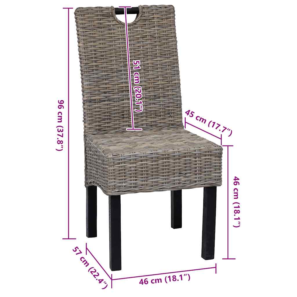 Chaises de salle à manger, lot de 6, en rotin Kubu et bois de manguier
