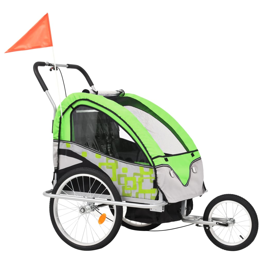 2-in-1 Fahrradanhänger und Kinderwagen Grün und Grau