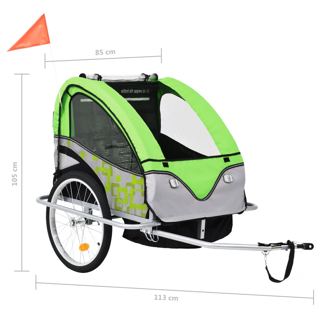 Remorque vélo et poussette 2 en 1 vert et gris