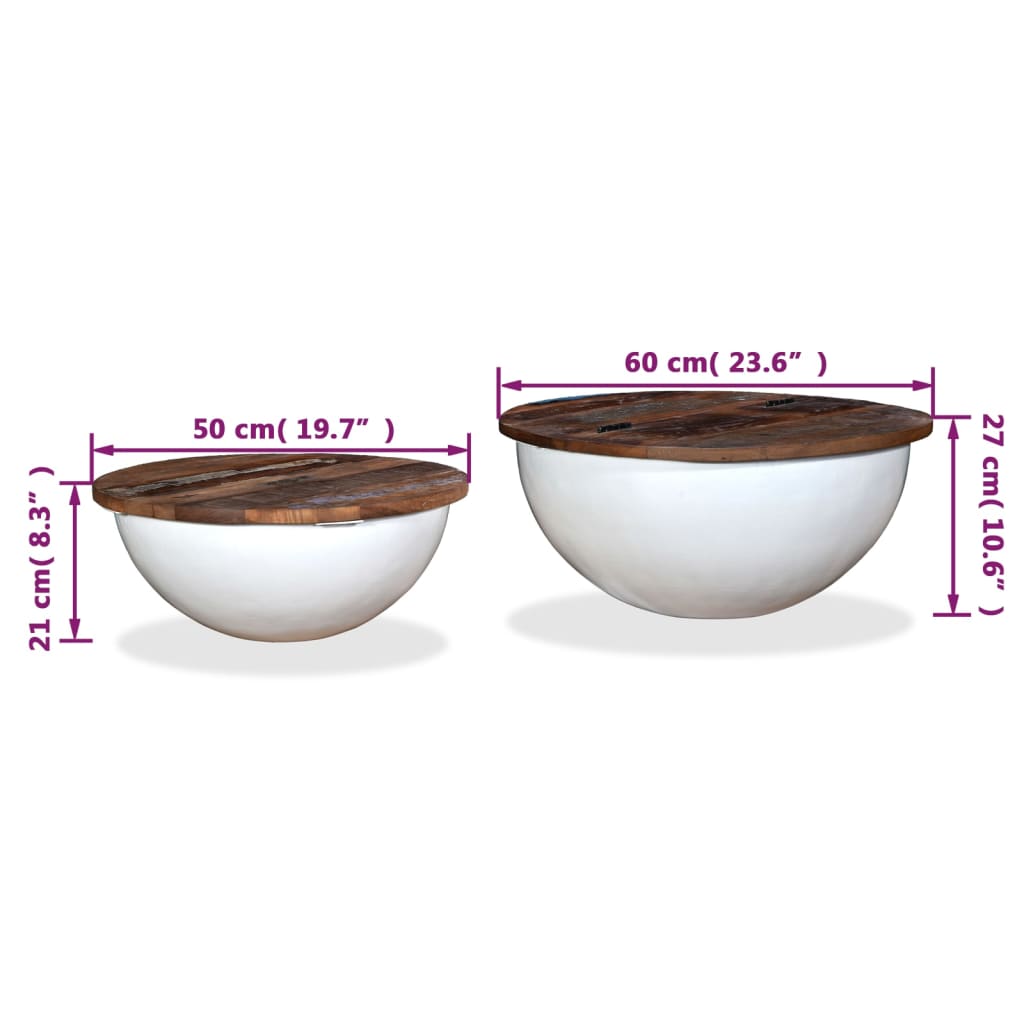 2-tlg. Couchtisch-Set Altholz Massiv Weiß Schalenform