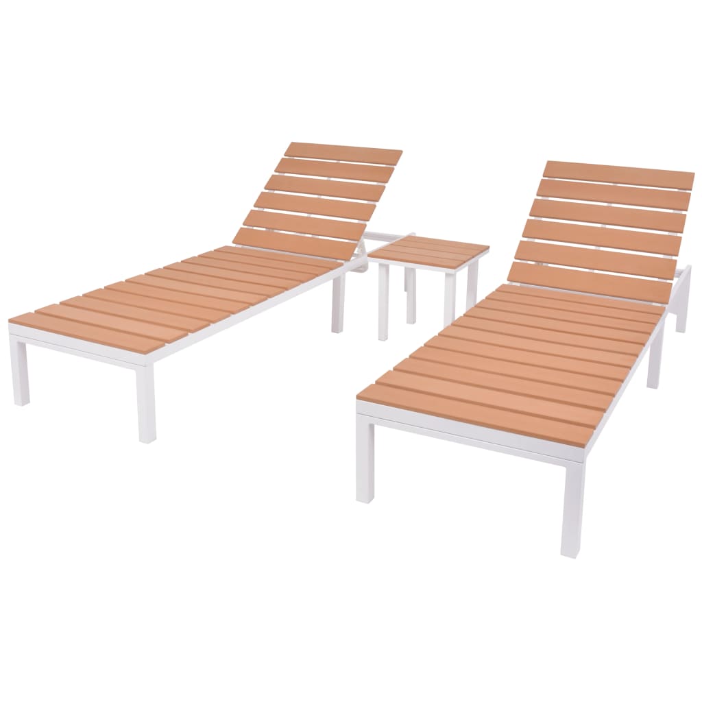 Chaises longues 2 pièces avec table en aluminium WPC blanc et marron