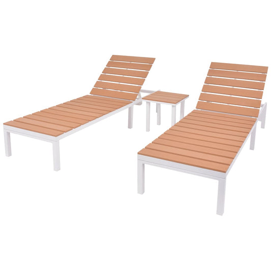 Chaises longues 2 pièces avec table en aluminium WPC blanc et marron