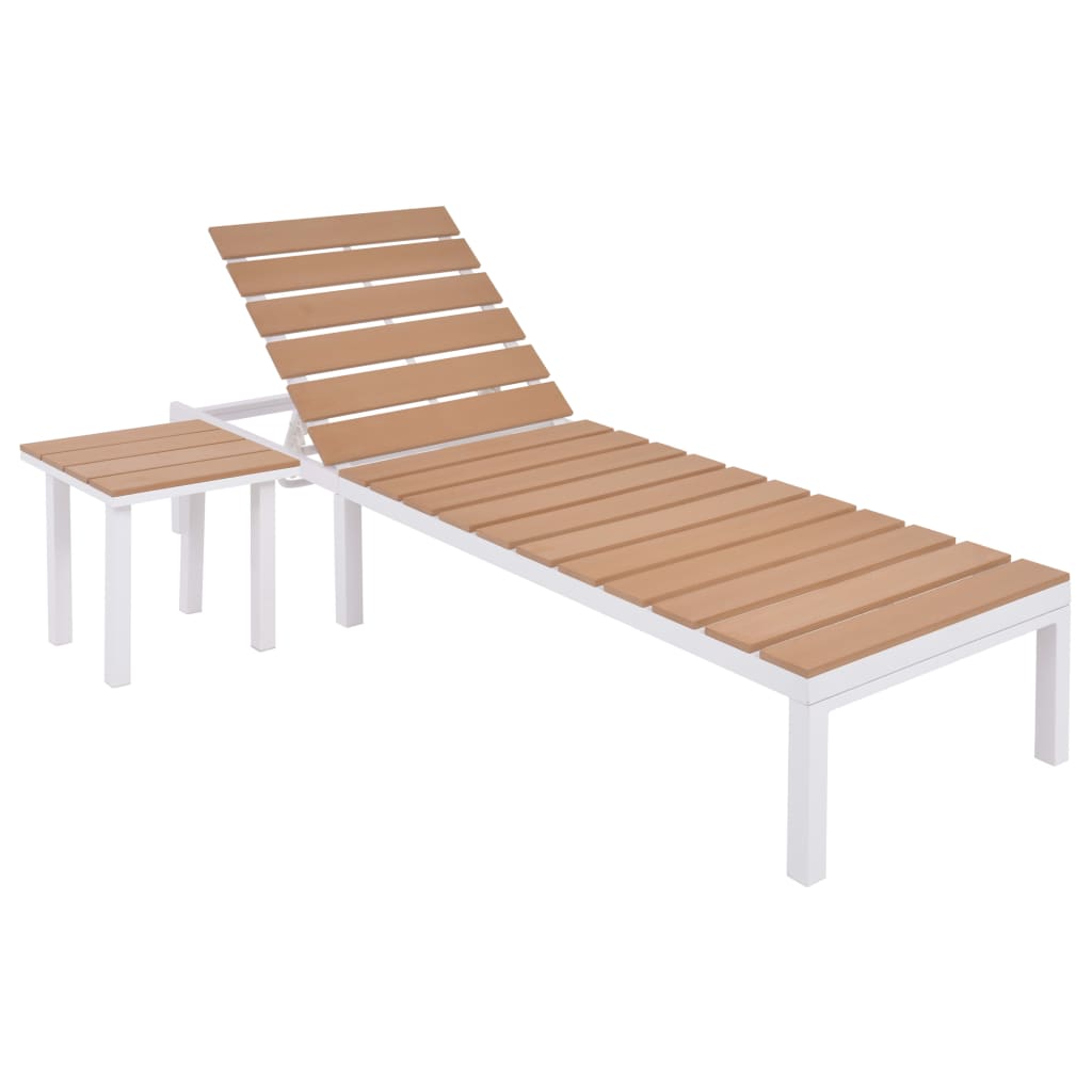 Chaises longues 2 pièces avec table en aluminium WPC blanc et marron
