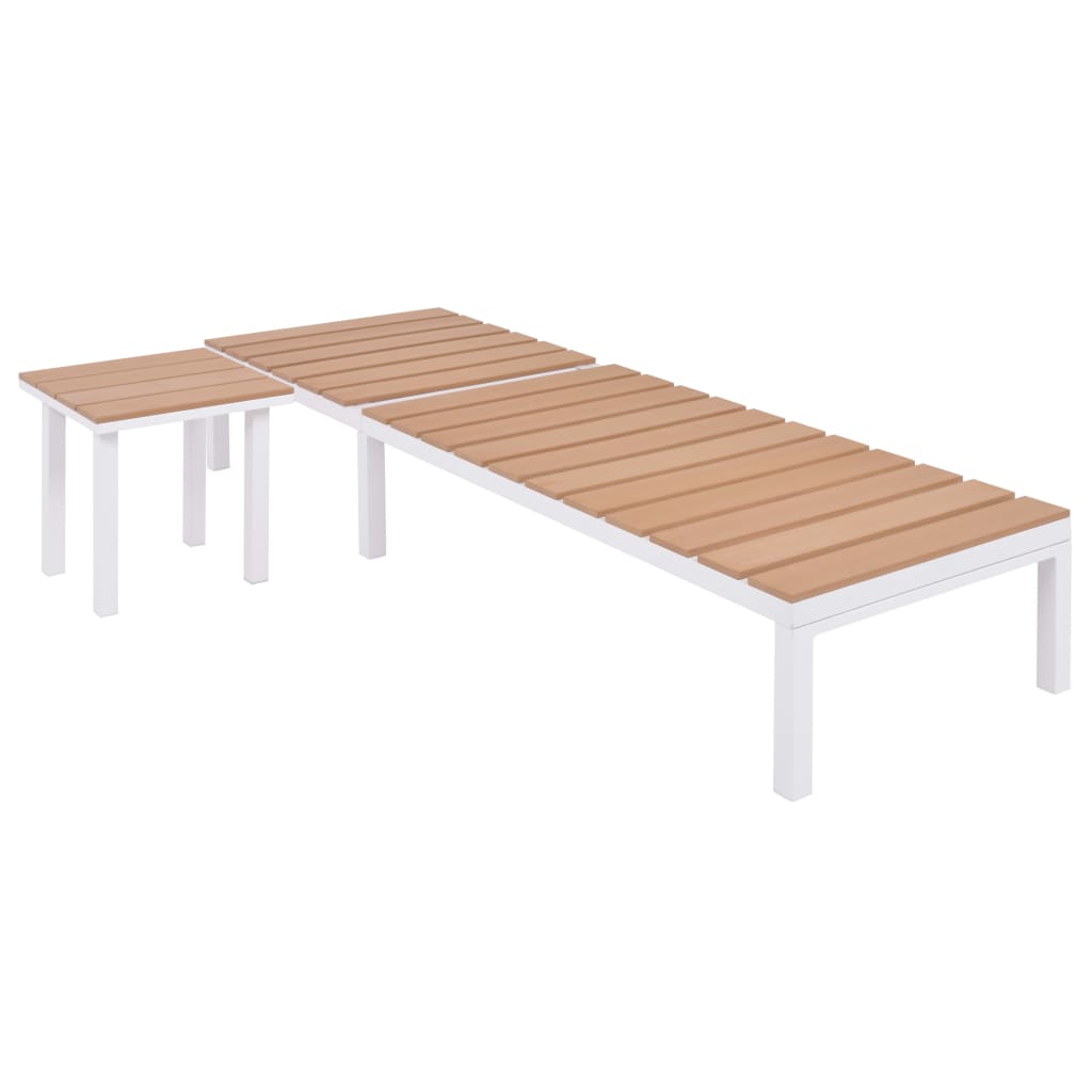 Chaises longues 2 pièces avec table en aluminium WPC blanc et marron
