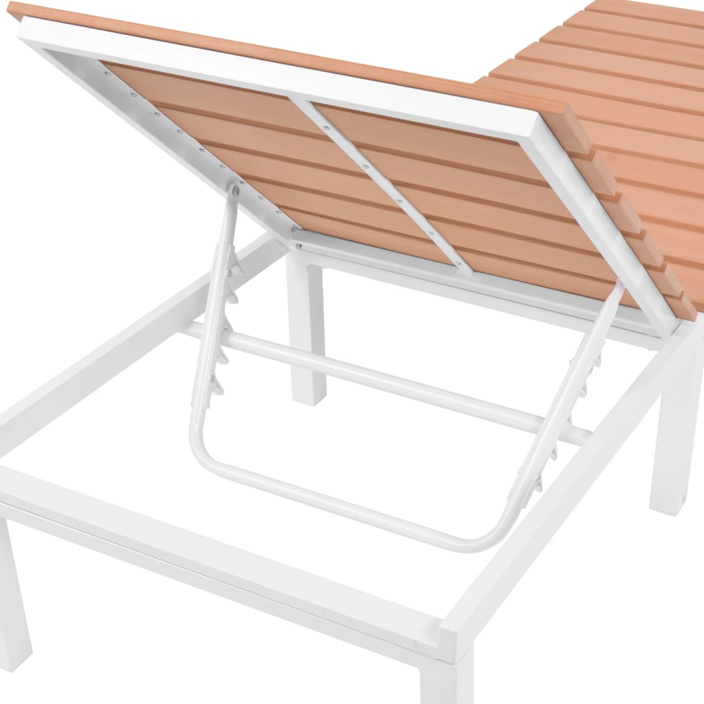Chaises longues 2 pièces avec table en aluminium WPC blanc et marron