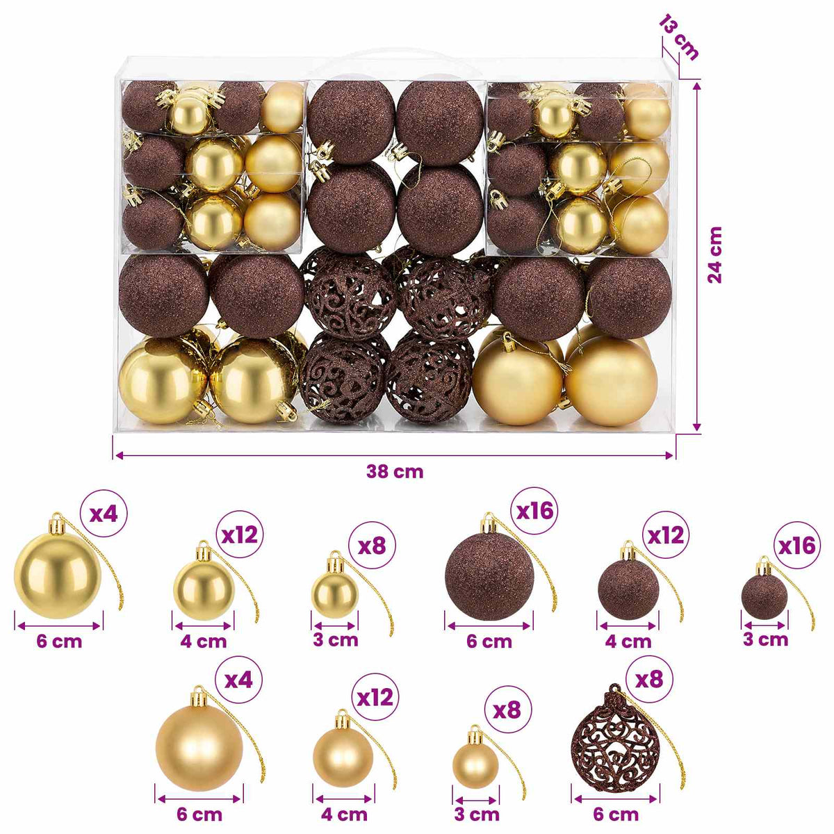 100-tlg. Weihnachtskugel-Set 3/4/6 cm Braun/Bronze/Golden