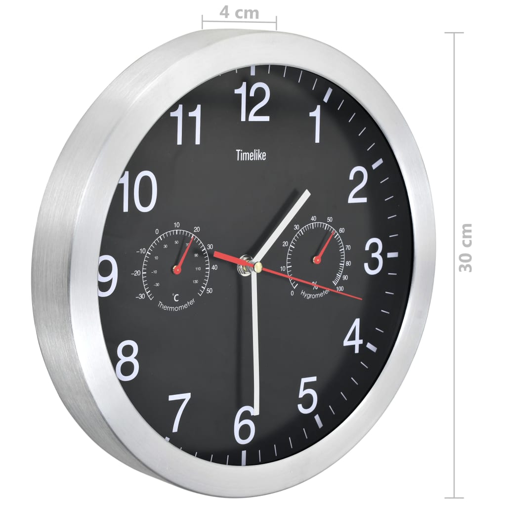 Horloge murale avec mouvement à quartz, hygromètre et thermomètre 30 cm noir