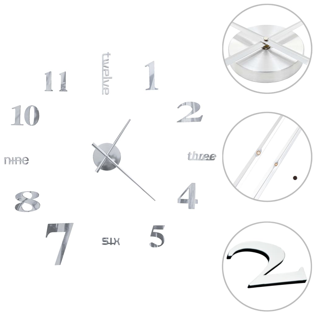 Horloge murale 3D design moderne 100 cm XXL argent