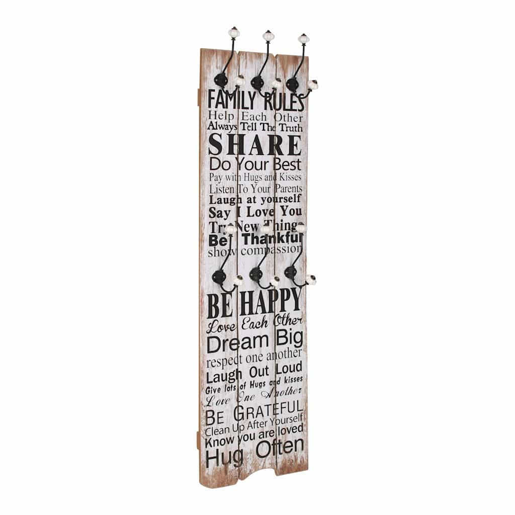 Wandgarderobe mit 6 Haken 120 x 40 cm "FAMILY RULES