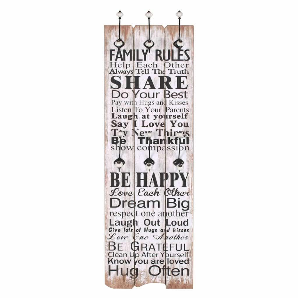 Wandgarderobe mit 6 Haken 120 x 40 cm "FAMILY RULES