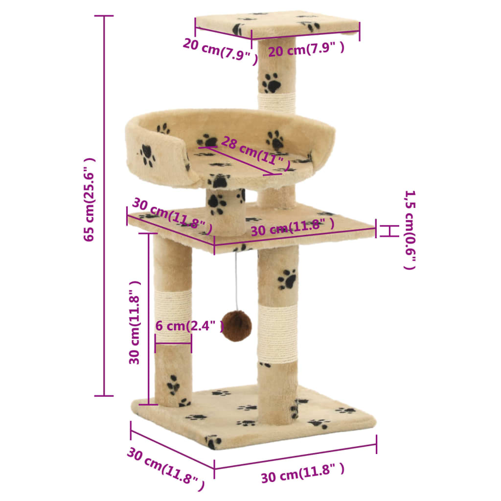 Katzen-Kratzbaum mit Sisal-Säulen 65 cm Pfoten-Aufdruck Beige