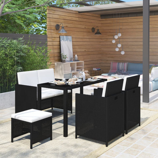6-piece garden dining set with cushions poly rattan black
