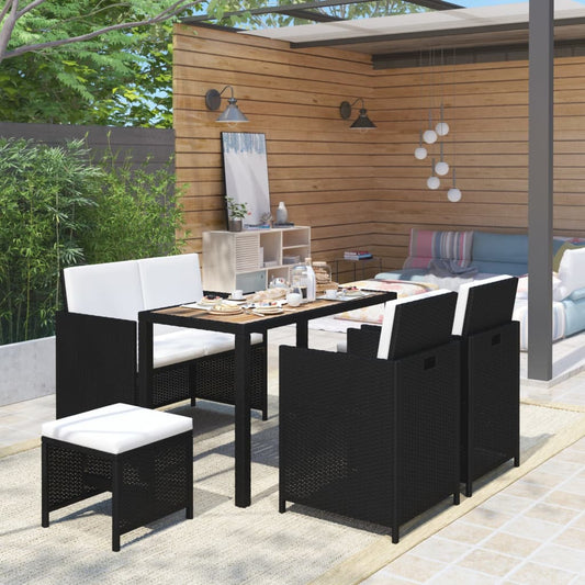 6-piece garden dining set made of poly rattan and solid acacia wood, black