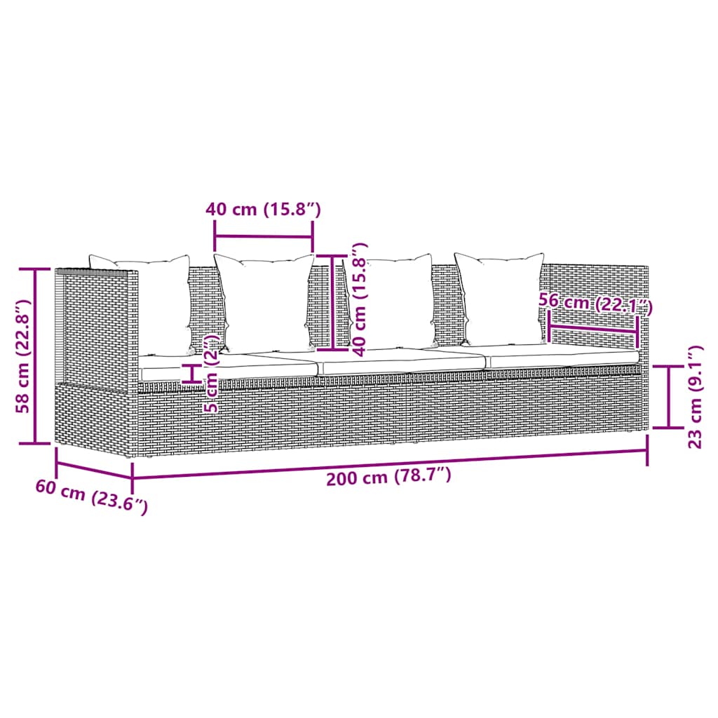 Garten-Sofabett 200x60 cm Poly Rattan Grau