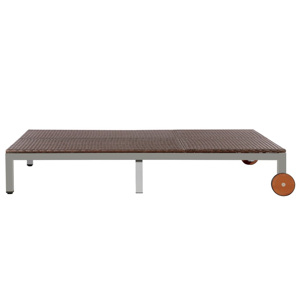 Chaise longue double à roulettes en résine tressée marron