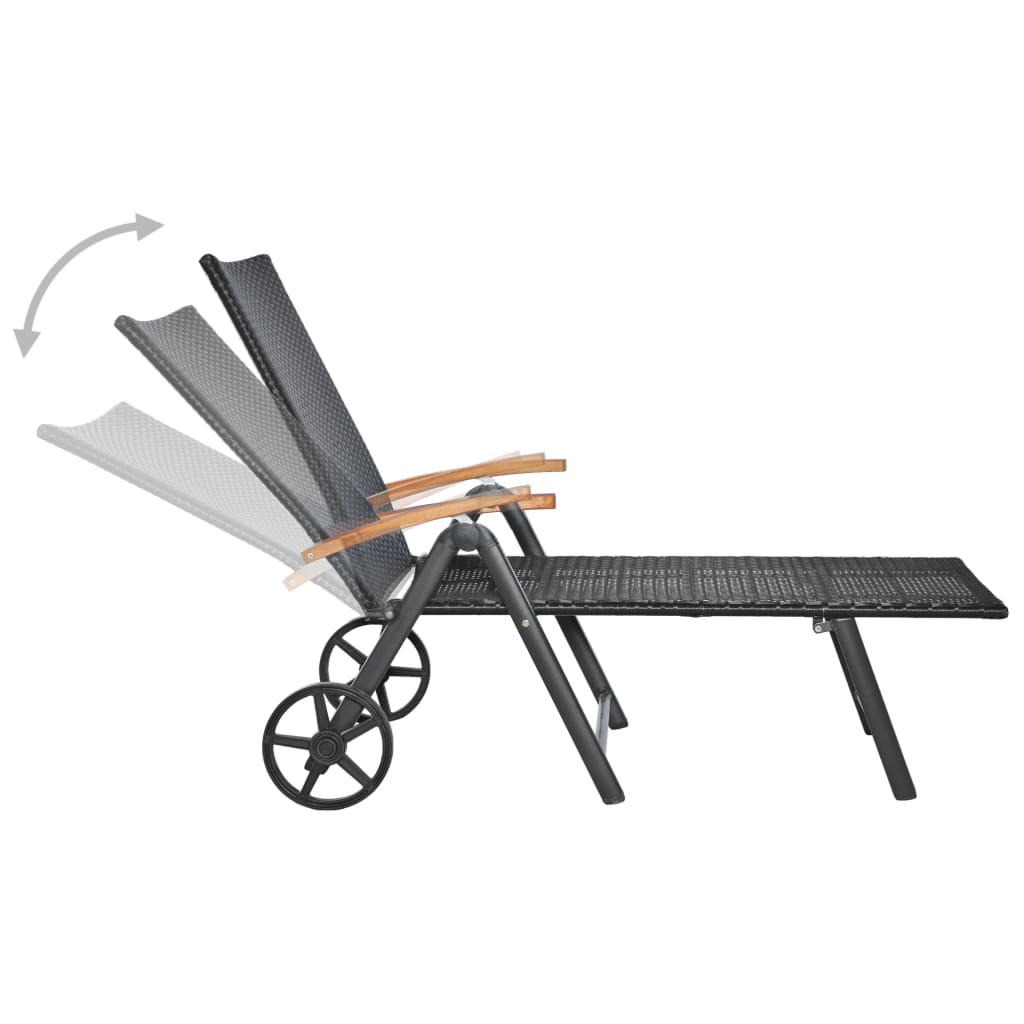 Sonnenliege mit Rädern Poly Rattan Schwarz