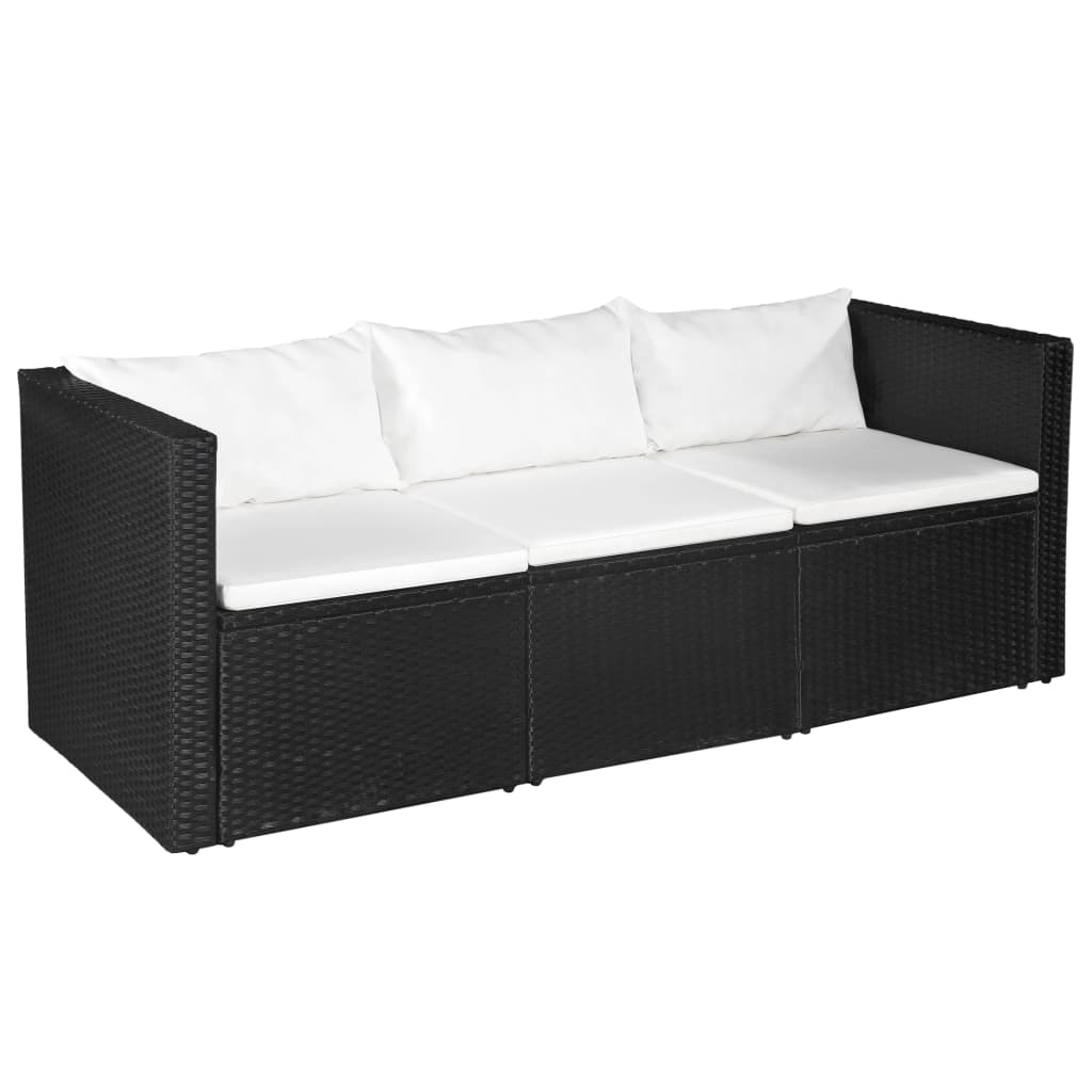 3-Sitzer-Gartensofa Schwarz Poly Rattan mit weißen Kissen