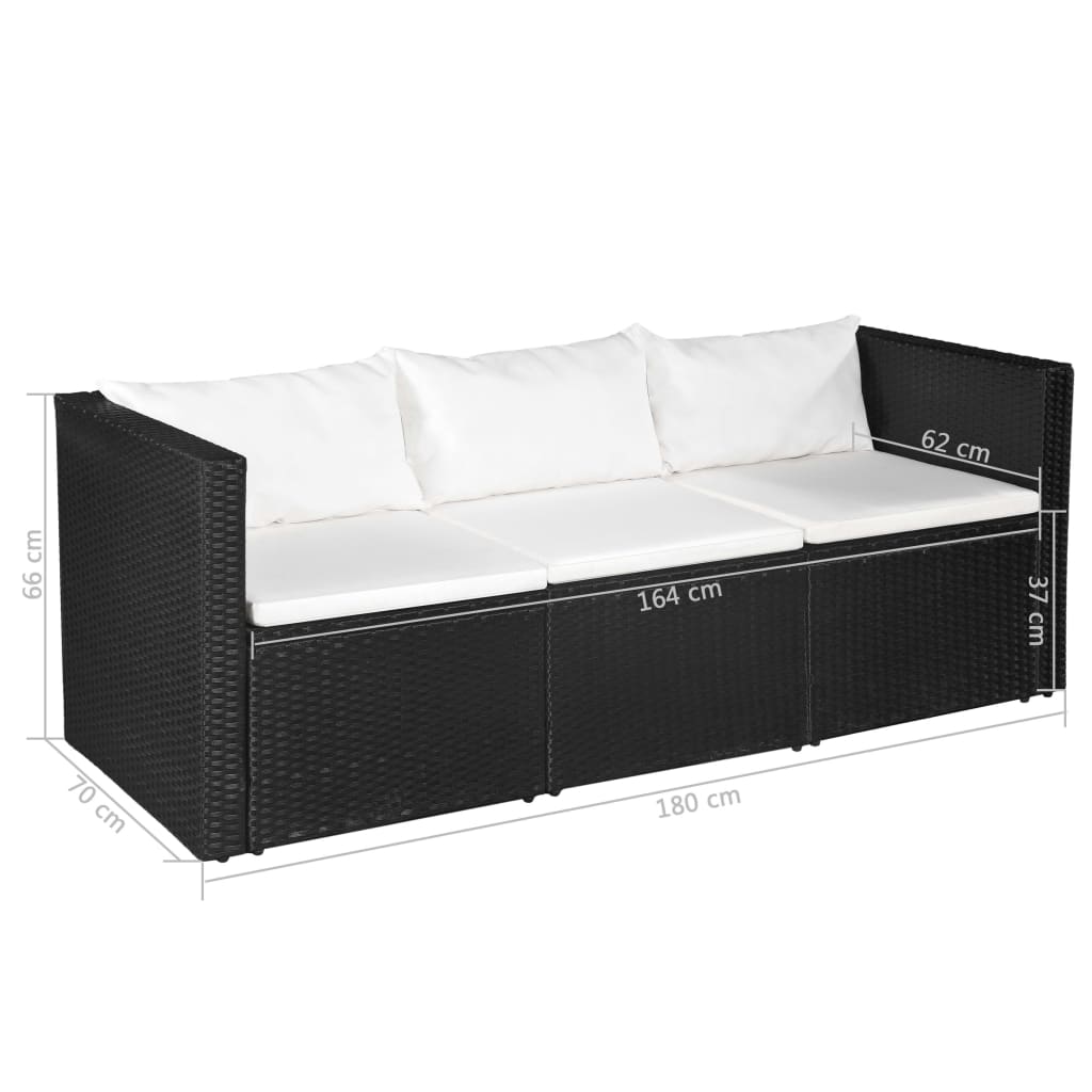 3-Sitzer-Gartensofa Schwarz Poly Rattan mit weißen Kissen