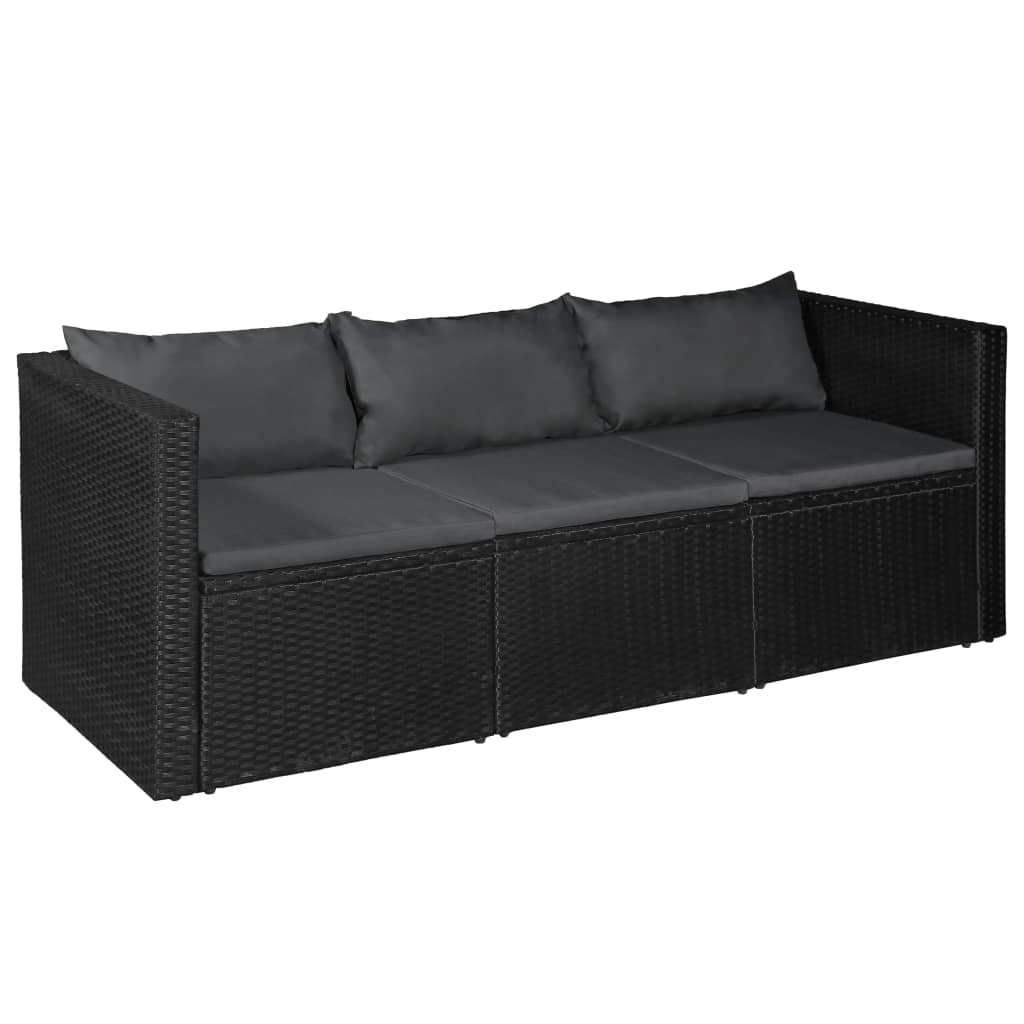 3-Sitzer-Gartensofa Schwarz Poly Rattan mit grauen Kissen