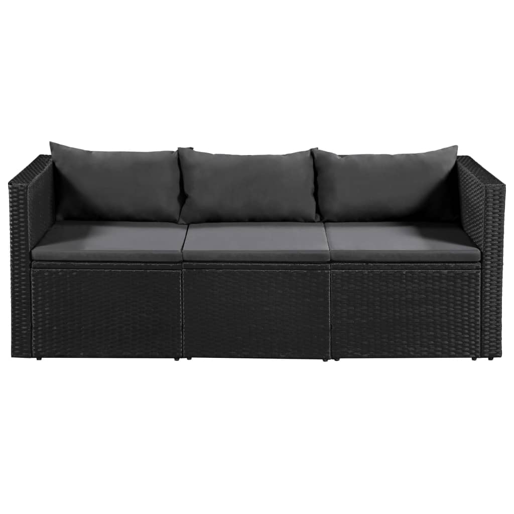 3-Sitzer-Gartensofa Schwarz Poly Rattan mit grauen Kissen