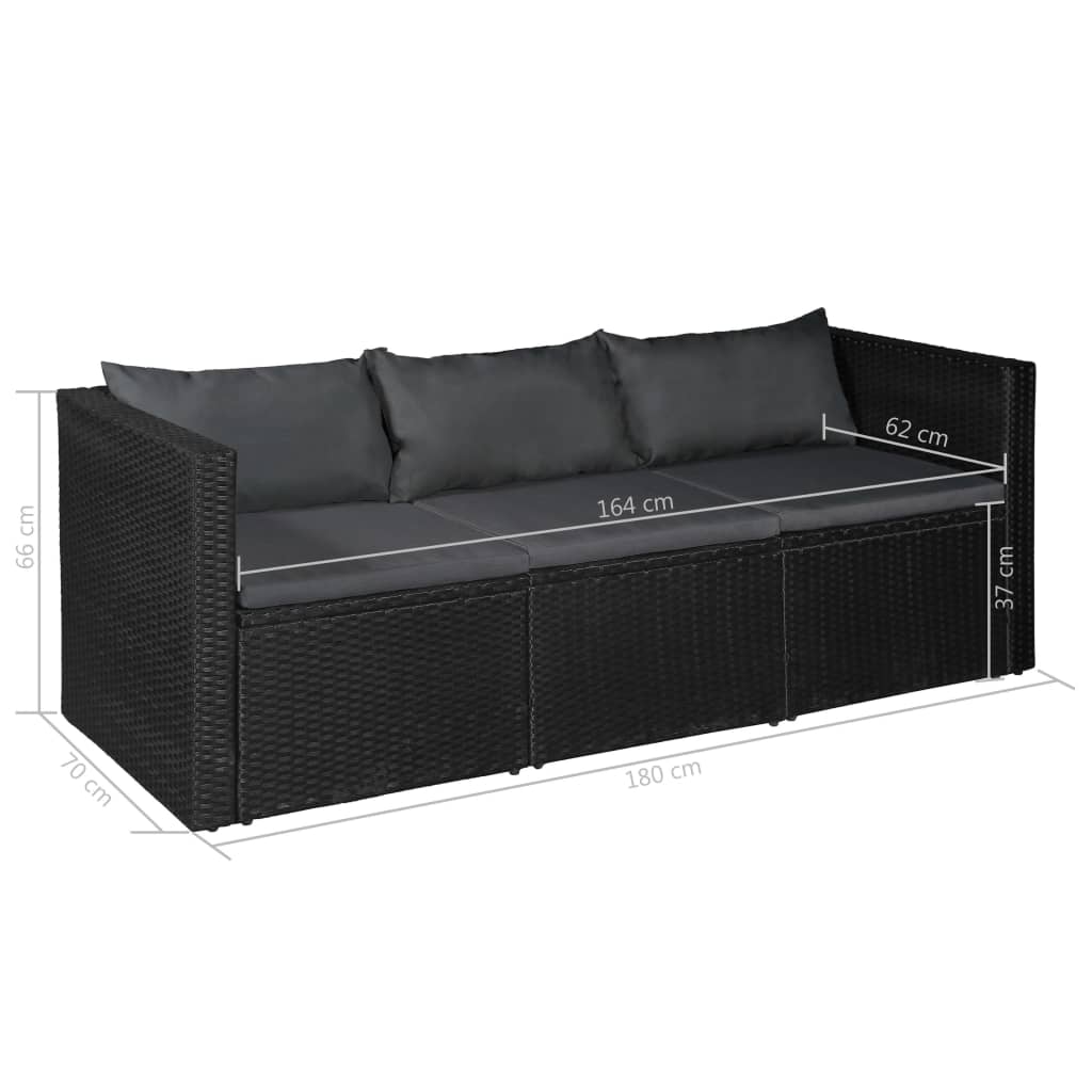 3-Sitzer-Gartensofa Schwarz Poly Rattan mit grauen Kissen