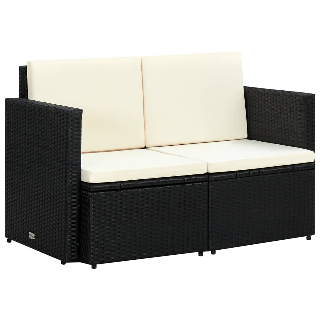 2-Sitzer-Gartensofa mit Auflagen Schwarz Poly Rattan