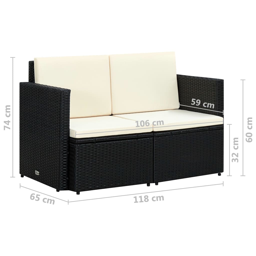 2-Sitzer-Gartensofa mit Auflagen Schwarz Poly Rattan