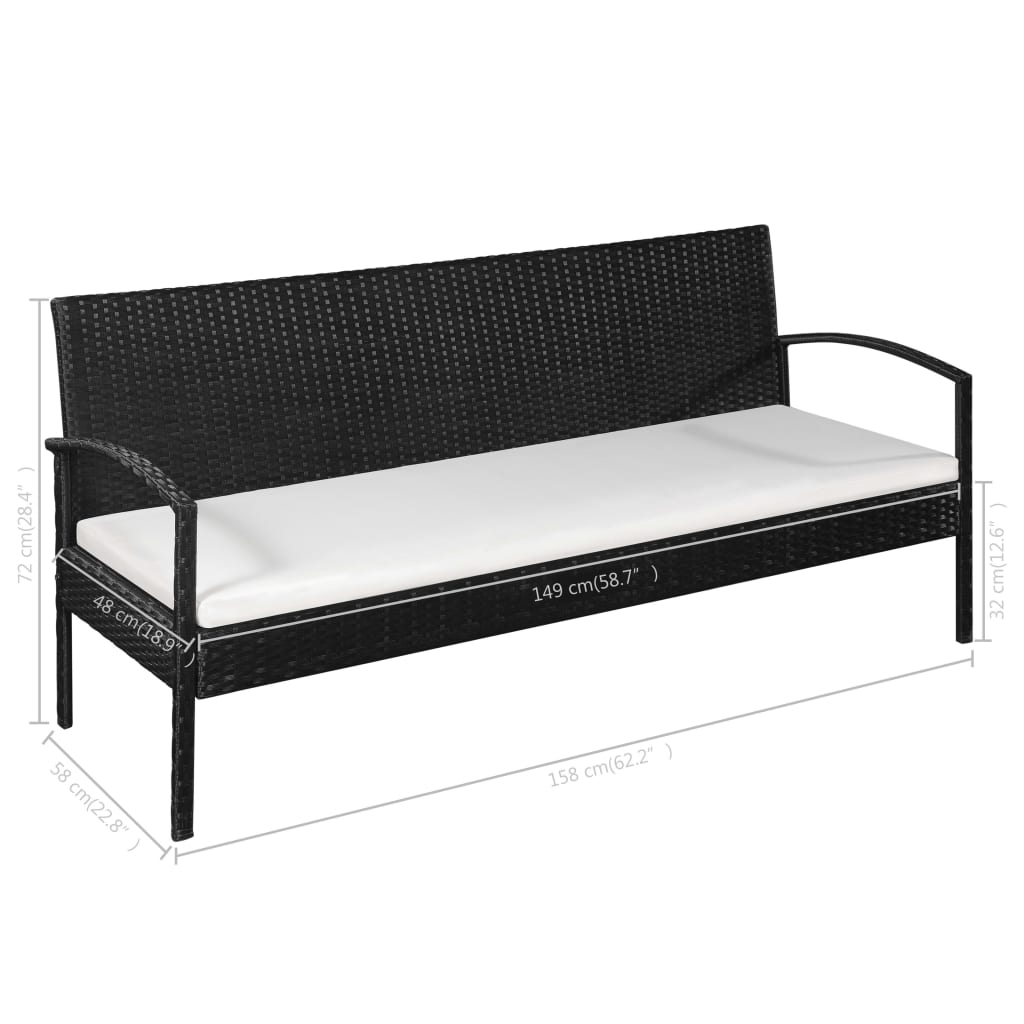 3-Sitzer-Gartensofa mit Auflagen Schwarz Poly Rattan