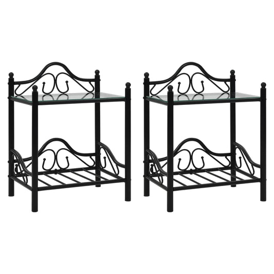 Tables de chevet, lot de 2, acier et verre trempé, 45 x 30,5 x 60 cm, noir