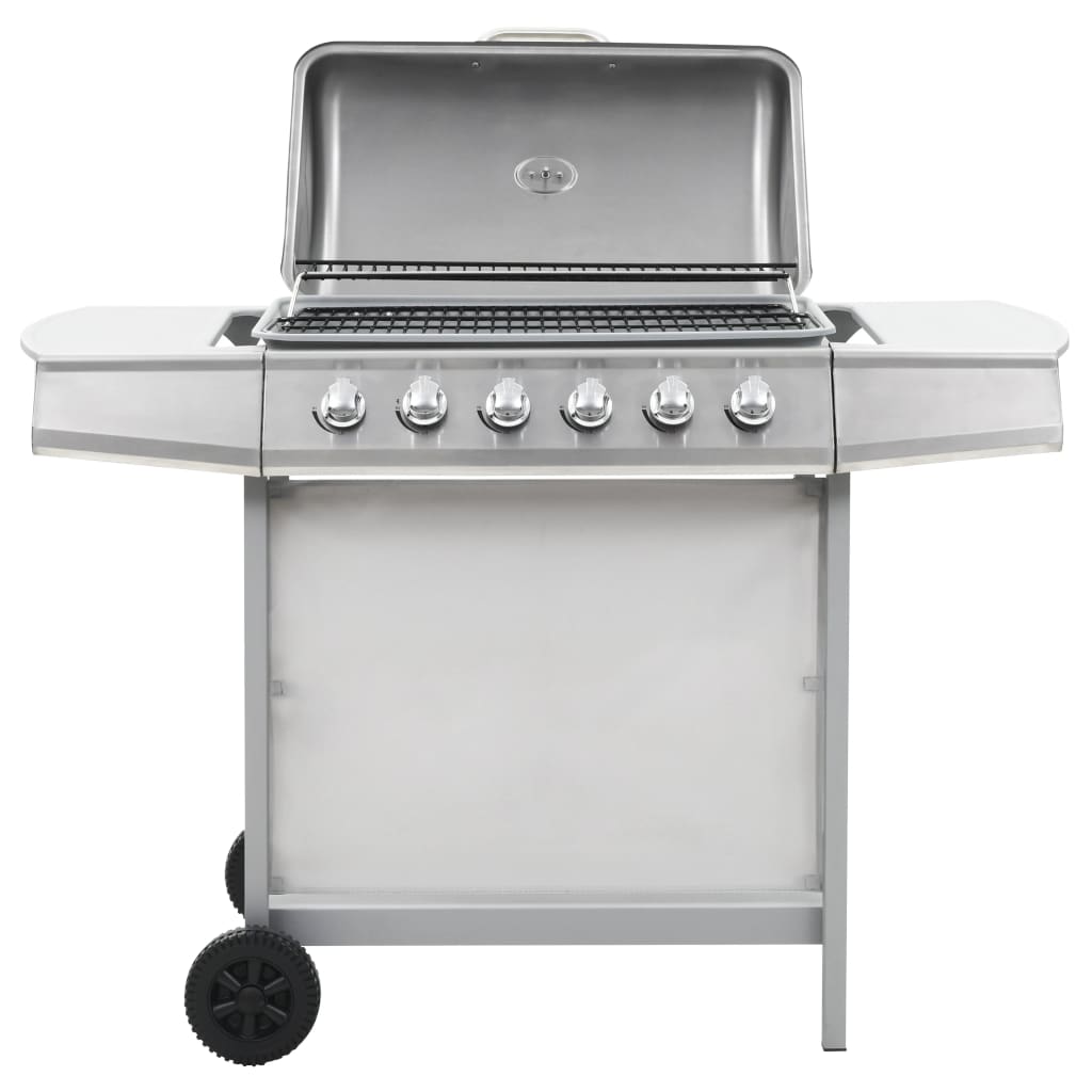 Barbecue à gaz avec 6 brûleurs en acier inoxydable argenté