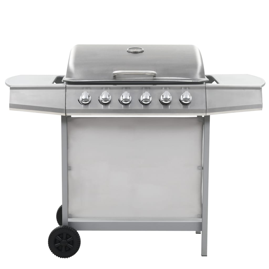 Barbecue à gaz avec 6 brûleurs en acier inoxydable argenté
