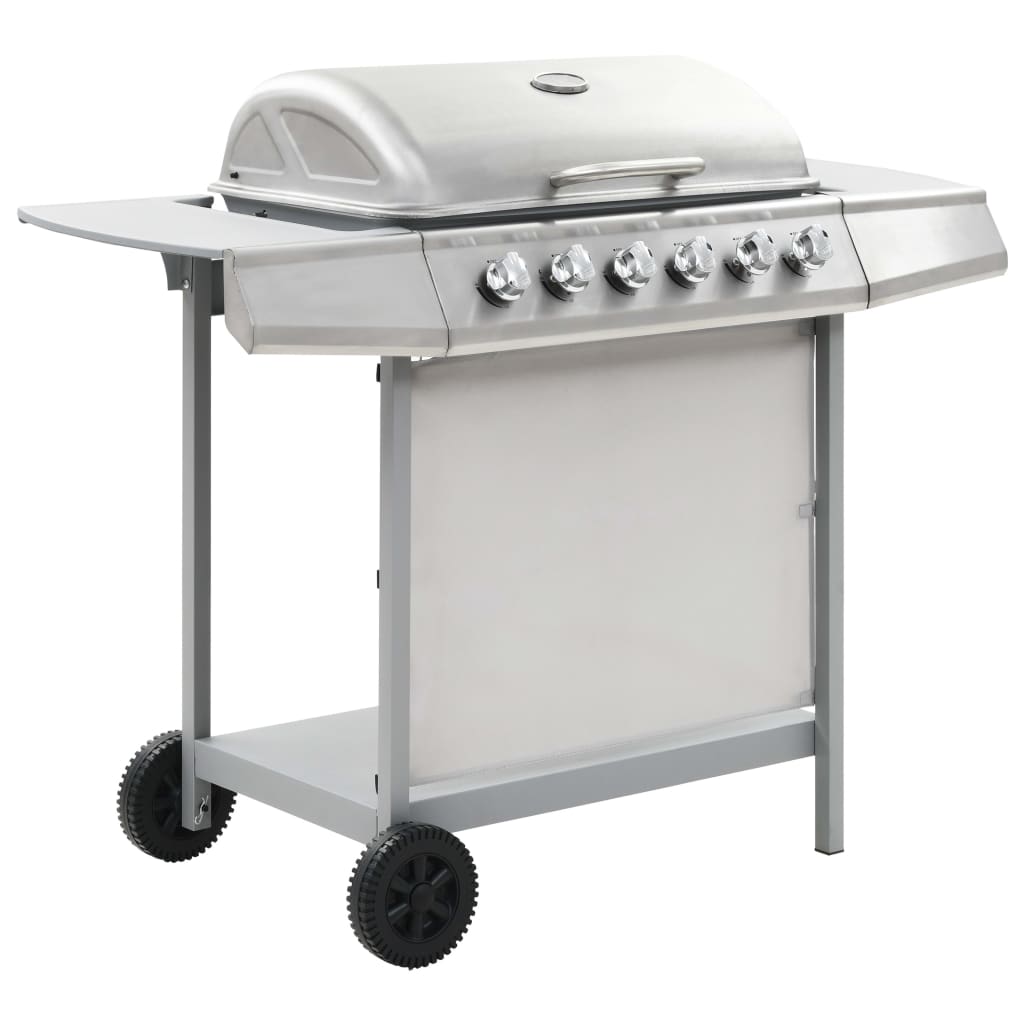 Barbecue à gaz avec 6 brûleurs en acier inoxydable argenté