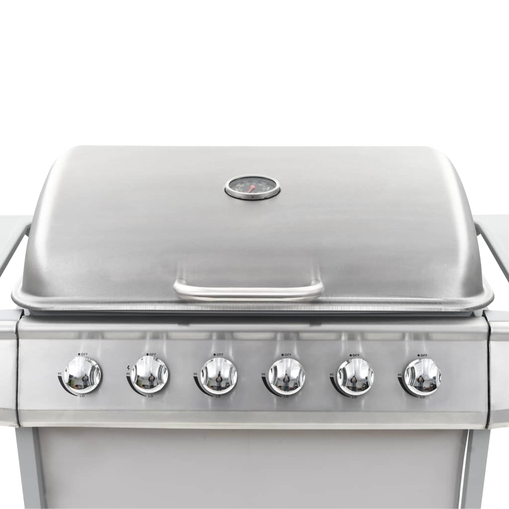Barbecue à gaz avec 6 brûleurs en acier inoxydable argenté