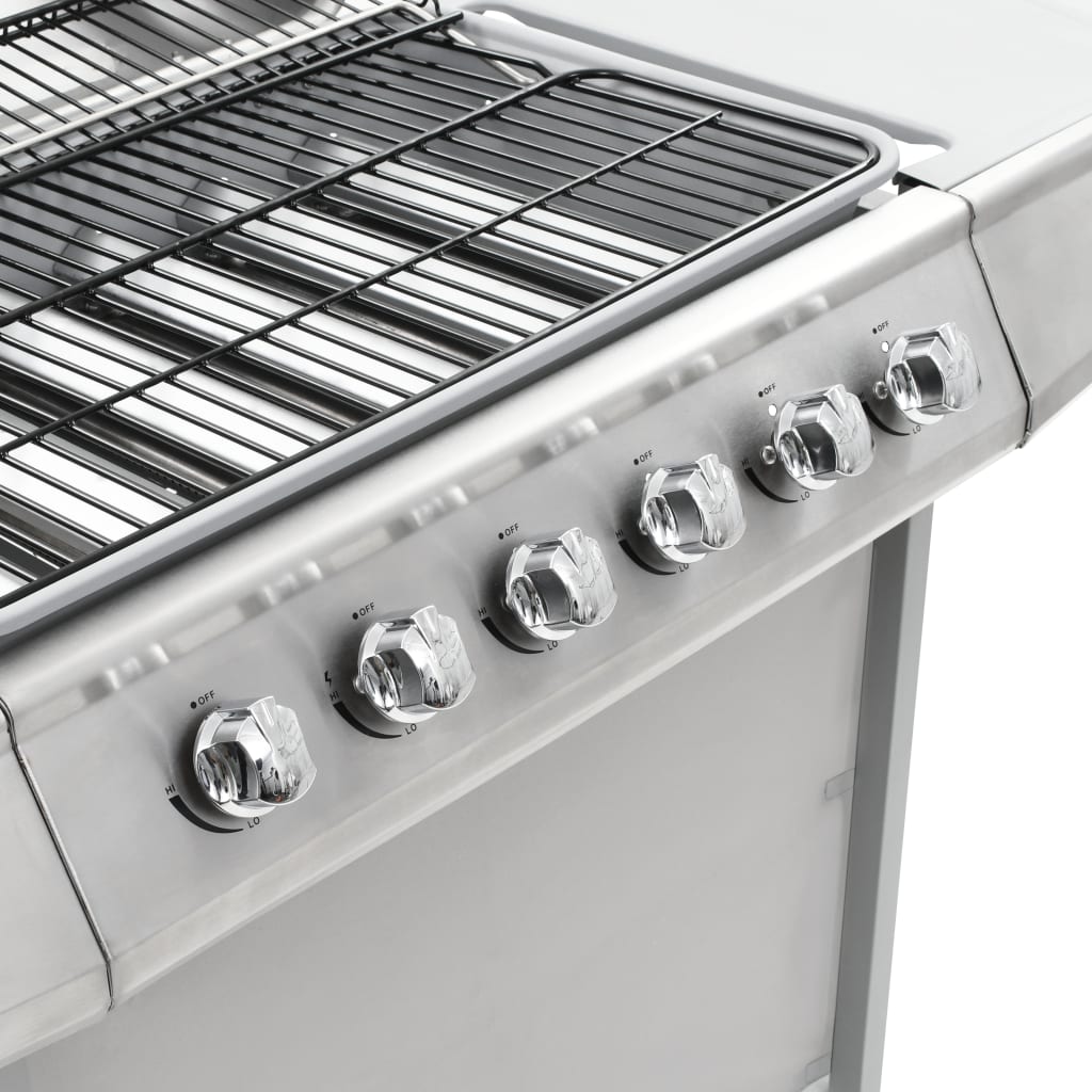 Barbecue à gaz avec 6 brûleurs en acier inoxydable argenté