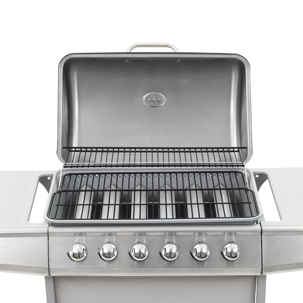 Barbecue à gaz avec 6 brûleurs en acier inoxydable argenté