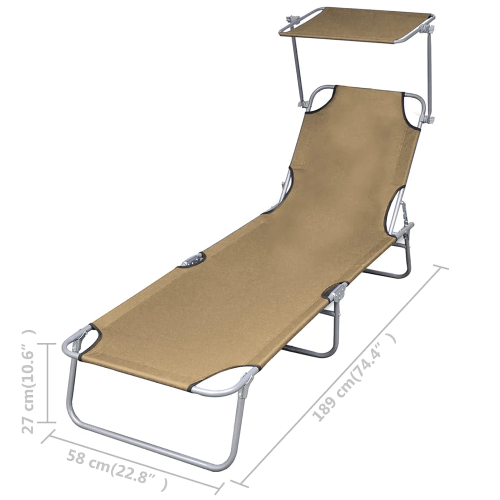 Chaise longue pliante avec protection solaire acier taupe